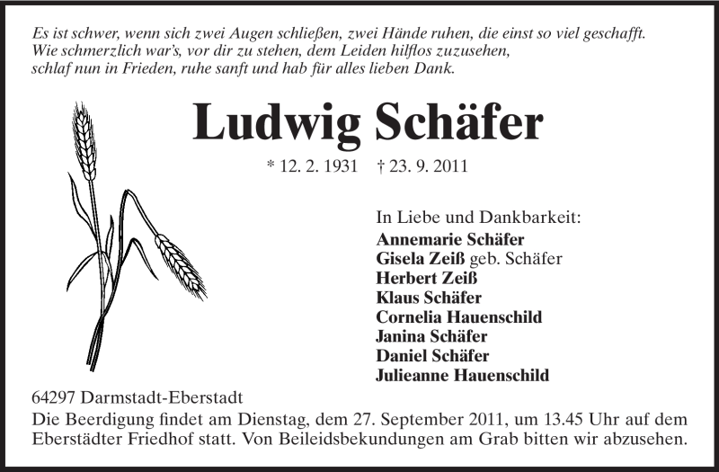  Traueranzeige für Ludwig Schäfer vom 26.09.2011 aus Echo-Zeitungen (Gesamtausgabe)