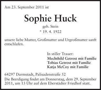 Traueranzeige von Sophie Huck von Echo-Zeitungen (Gesamtausgabe)
