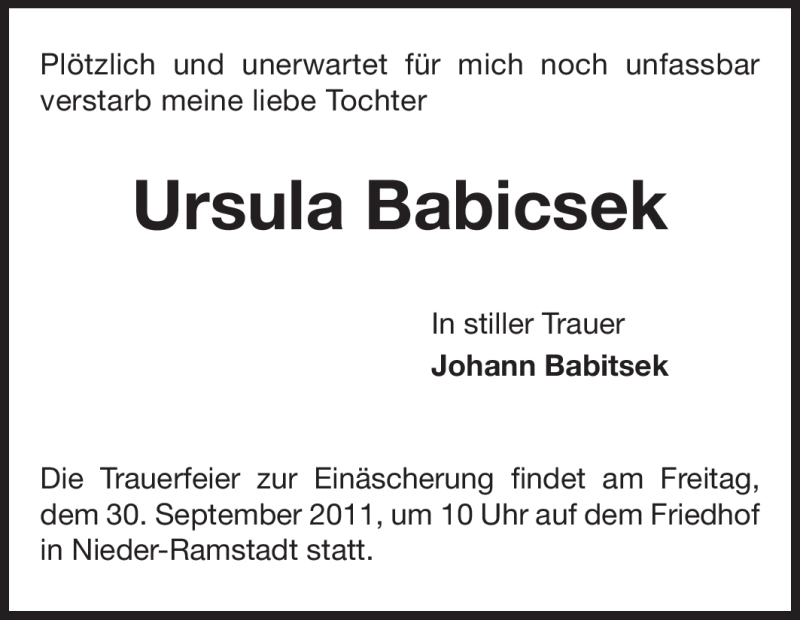 Traueranzeige für Ursula Babicsek vom 28.09.2011 aus Echo-Zeitungen (Gesamtausgabe)