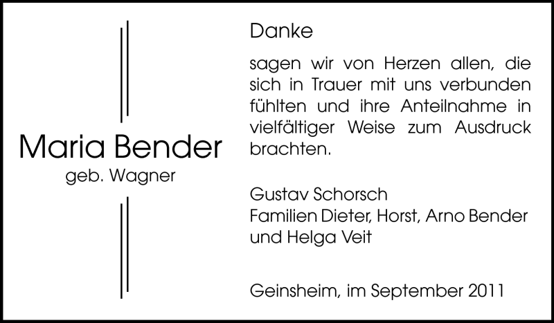  Traueranzeige für Maria Bender vom 30.09.2011 aus Rüsselsheimer Echo, Groß-Gerauer-Echo, Ried Echo