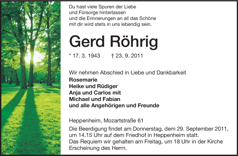  Traueranzeige für Gerd Röhrig vom 27.09.2011 aus Starkenburger Echo