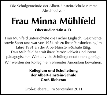 Traueranzeige von Minna Mühlfeld von Darmstädter Echo, Odenwälder Echo, Rüsselsheimer Echo, Groß-Gerauer-Echo, Ried Echo
