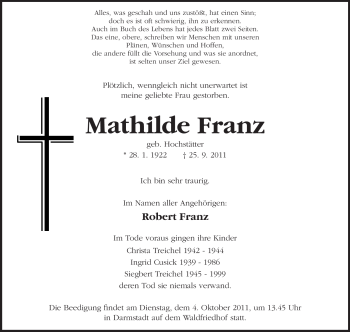 Traueranzeige von Mathilde Franz von Echo-Zeitungen (Gesamtausgabe)