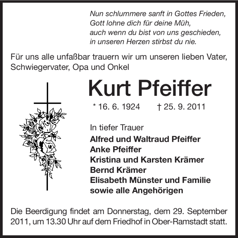  Traueranzeige für Kurt Pfeiffer vom 28.09.2011 aus Echo-Zeitungen (Gesamtausgabe)