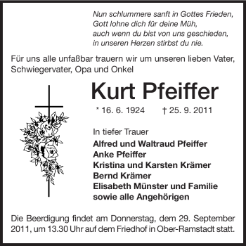 Traueranzeige von Kurt Pfeiffer von Echo-Zeitungen (Gesamtausgabe)