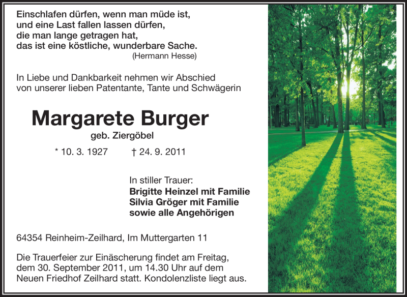  Traueranzeige für Margarete Burger vom 28.09.2011 aus Echo-Zeitungen (Gesamtausgabe)