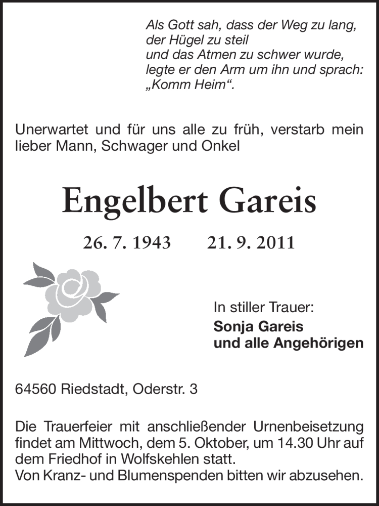  Traueranzeige für Engelbert Gareis vom 29.09.2011 aus Rüsselsheimer Echo, Groß-Gerauer-Echo, Ried Echo