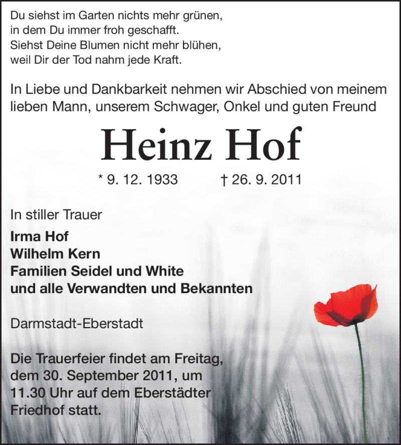  Traueranzeige für Heinz Hof vom 28.09.2011 aus Echo-Zeitungen (Gesamtausgabe)