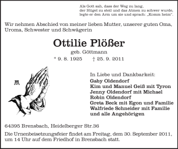 Traueranzeige von Ottilie Plößer von Odenwälder Echo