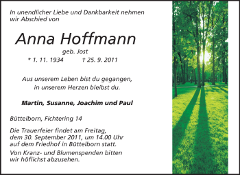 Traueranzeige von Anna Hoffmann von Rüsselsheimer Echo, Groß-Gerauer-Echo, Ried Echo