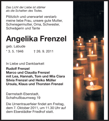 Traueranzeige von Angelika Frenzel von Echo-Zeitungen (Gesamtausgabe)
