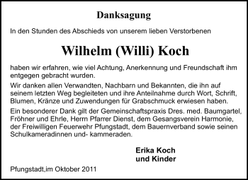 Traueranzeige von Wilhelm (Willi) Koch von Echo-Zeitungen (Gesamtausgabe)
