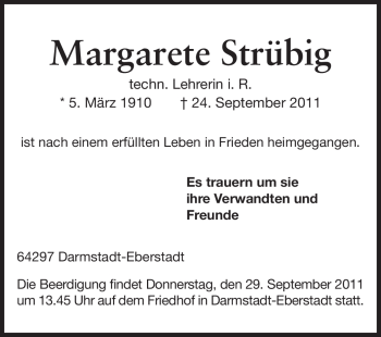 Traueranzeige von Margarete Strübig von Echo-Zeitungen (Gesamtausgabe)