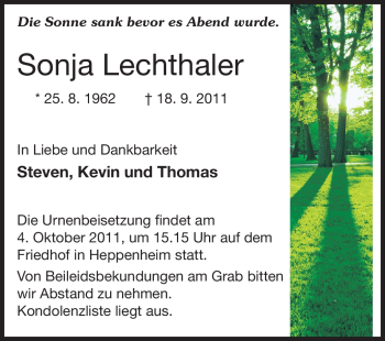 Traueranzeige von Sonja Leuchthaler von Starkenburger Echo