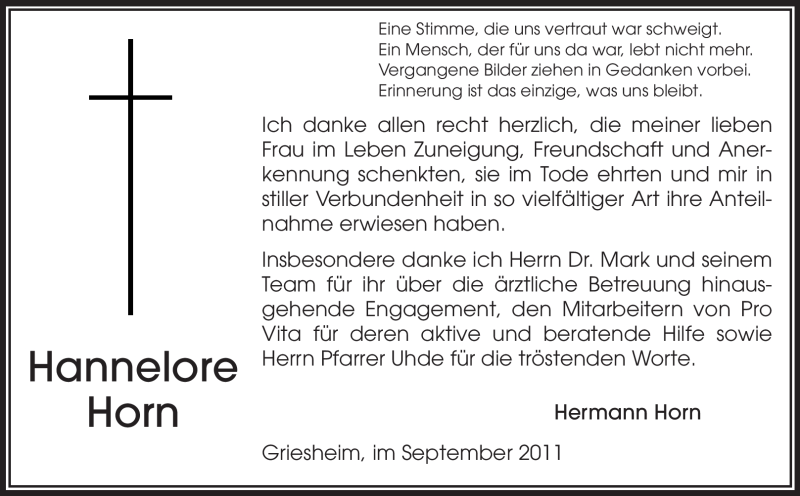  Traueranzeige für Hannelore Horn vom 01.10.2011 aus Echo-Zeitungen (Gesamtausgabe)