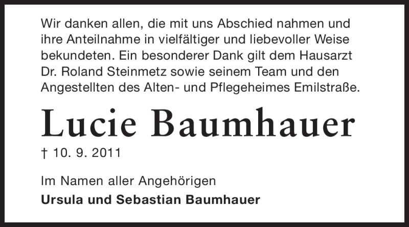  Traueranzeige für Lucie Baumhauer vom 01.10.2011 aus Darmstädter Echo, Odenwälder Echo, Rüsselsheimer Echo, Groß-Gerauer-Echo, Ried Echo