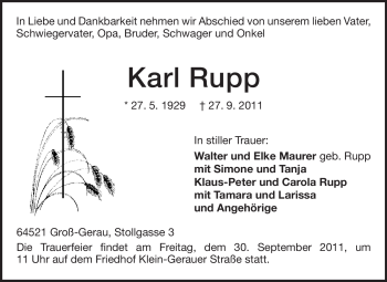 Traueranzeige von Karl Rupp von Rüsselsheimer Echo, Groß-Gerauer-Echo, Ried Echo