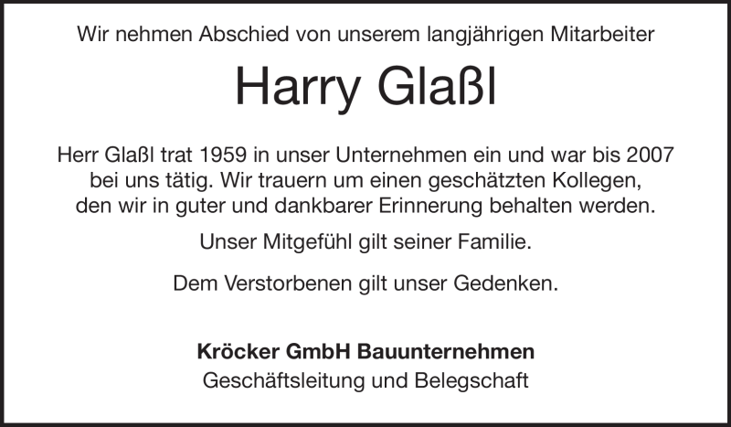  Traueranzeige für Harry Glaßl vom 28.09.2011 aus Rüsselsheimer Echo, Groß-Gerauer-Echo, Ried Echo