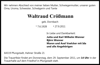 Traueranzeige von Waltraud Crössmann von Echo-Zeitungen (Gesamtausgabe)