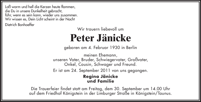  Traueranzeige für Peter Jänicke vom 28.09.2011 aus Rüsselsheimer Echo, Groß-Gerauer-Echo, Ried Echo