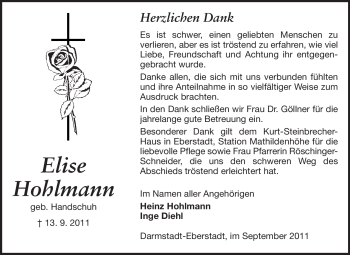 Traueranzeige von Elisa Hohlmann von Echo-Zeitungen (Gesamtausgabe)
