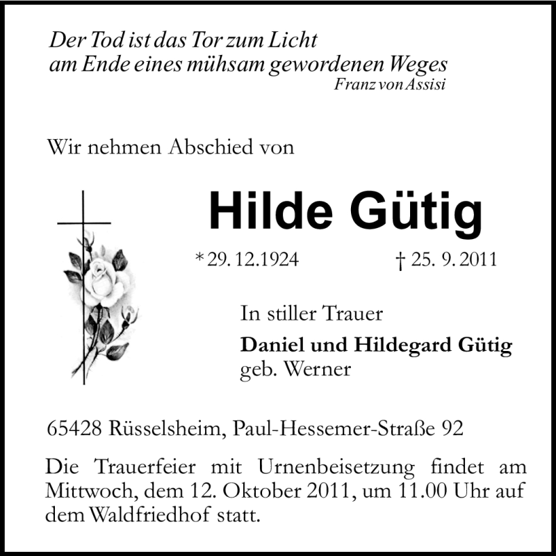  Traueranzeige für Hilde Gütig vom 01.10.2011 aus Rüsselsheimer Echo, Groß-Gerauer-Echo, Ried Echo