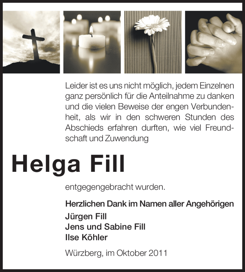  Traueranzeige für Helga  Fill vom 01.10.2011 aus Odenwälder Echo