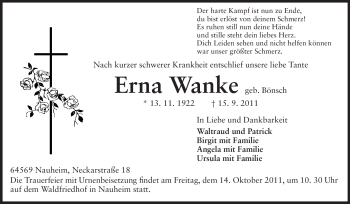 Traueranzeige von Erna Wanke von Rüsselsheimer Echo, Groß-Gerauer-Echo, Ried Echo