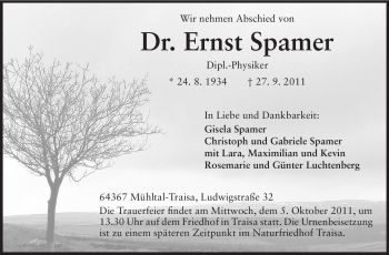 Traueranzeige von Ernst Spamer von Echo-Zeitungen (Gesamtausgabe)