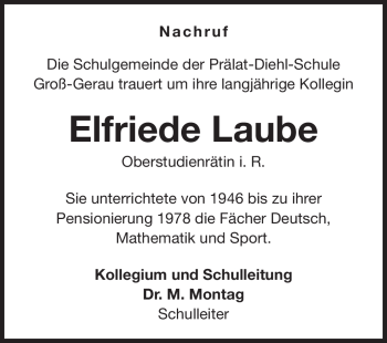 Traueranzeige von Elfriede Laube von Echo-Zeitungen (Gesamtausgabe)