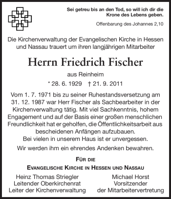Traueranzeige von Friedrich (Fritz) Fischer von Echo-Zeitungen (Gesamtausgabe)
