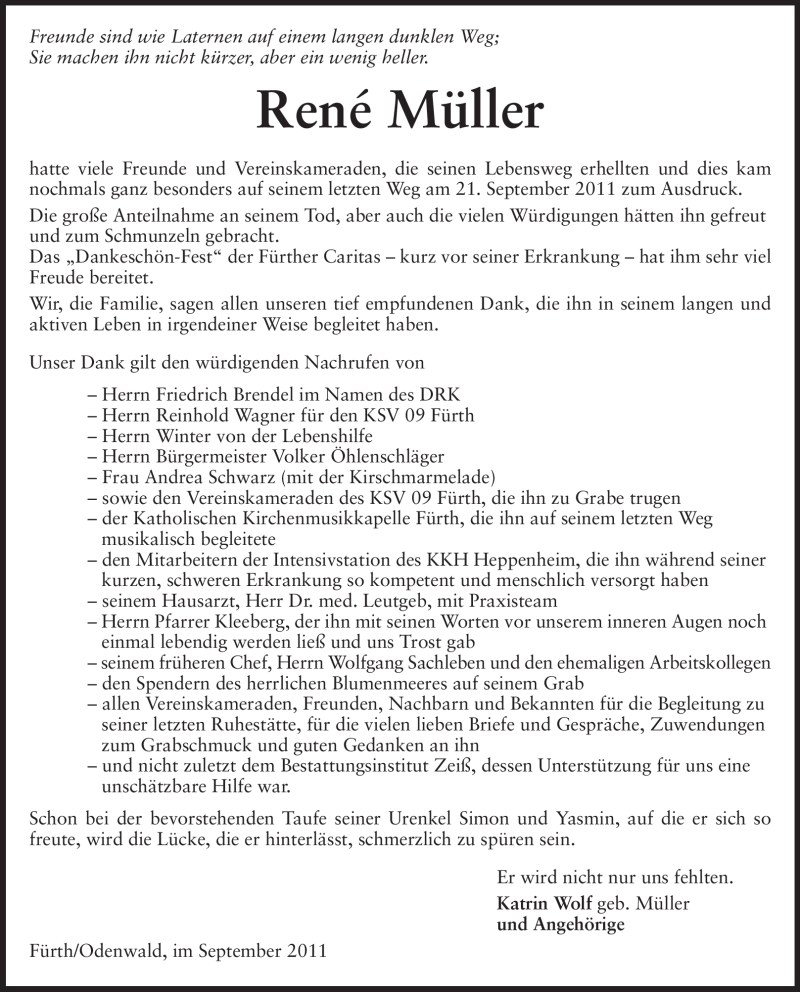  Traueranzeige für René Müller vom 01.10.2011 aus Starkenburger Echo