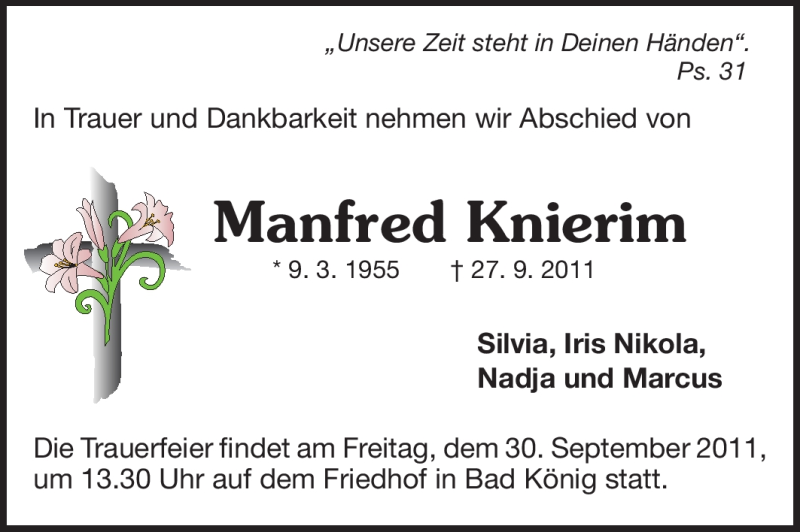  Traueranzeige für Manfred Knierim vom 29.09.2011 aus Odenwälder Echo