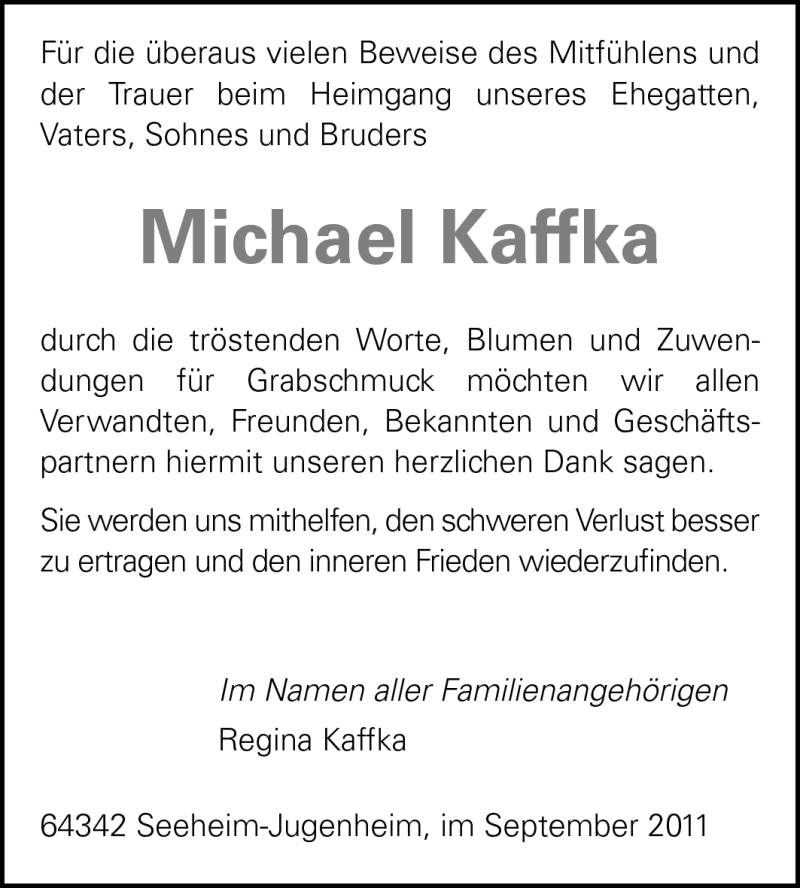  Traueranzeige für Michael Kaffka vom 30.09.2011 aus Echo-Zeitungen (Gesamtausgabe)