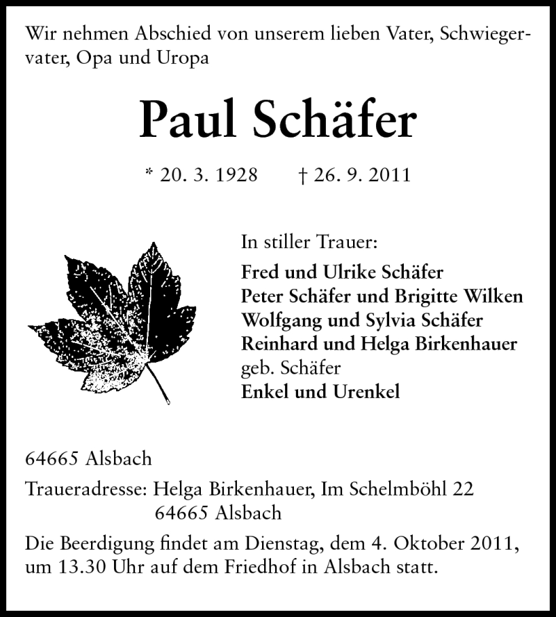  Traueranzeige für Paul Schäfer vom 30.09.2011 aus Echo-Zeitungen (Gesamtausgabe)