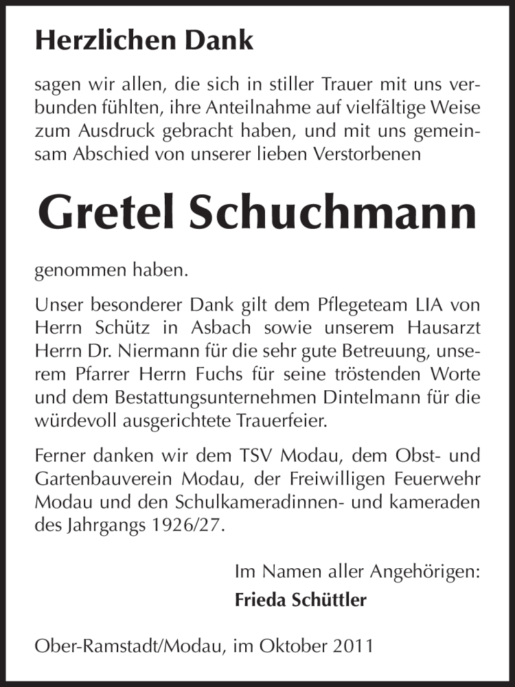  Traueranzeige für Gretel Schuchmann vom 01.10.2011 aus Darmstädter Echo, Odenwälder Echo, Rüsselsheimer Echo, Groß-Gerauer-Echo, Ried Echo