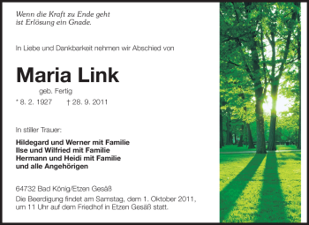 Traueranzeige von Maria Link von Odenwälder Echo