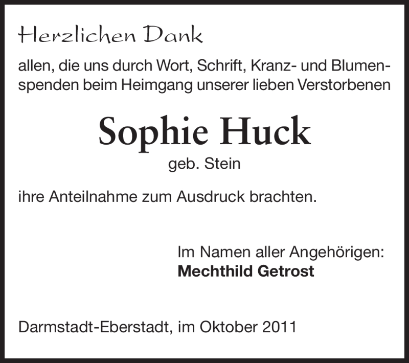  Traueranzeige für Sophia Huck vom 01.10.2011 aus Echo-Zeitungen (Gesamtausgabe)