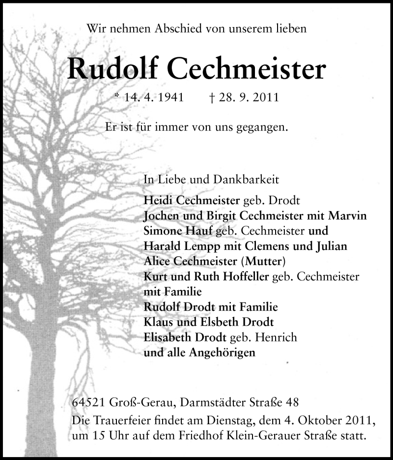  Traueranzeige für Rudolf Cechmeister vom 30.09.2011 aus Rüsselsheimer Echo, Groß-Gerauer-Echo, Ried Echo