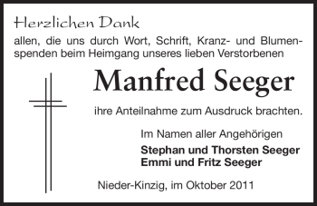 Traueranzeige von Manfred Seeger von Odenwälder Echo