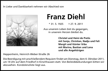 Traueranzeige von Franz Diehl von Starkenburger Echo