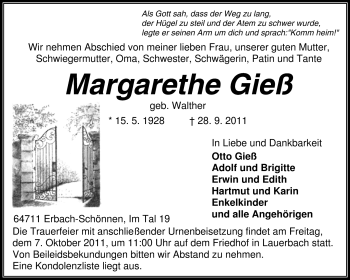 Traueranzeige von Margarethe Gieß von Odenwälder Echo