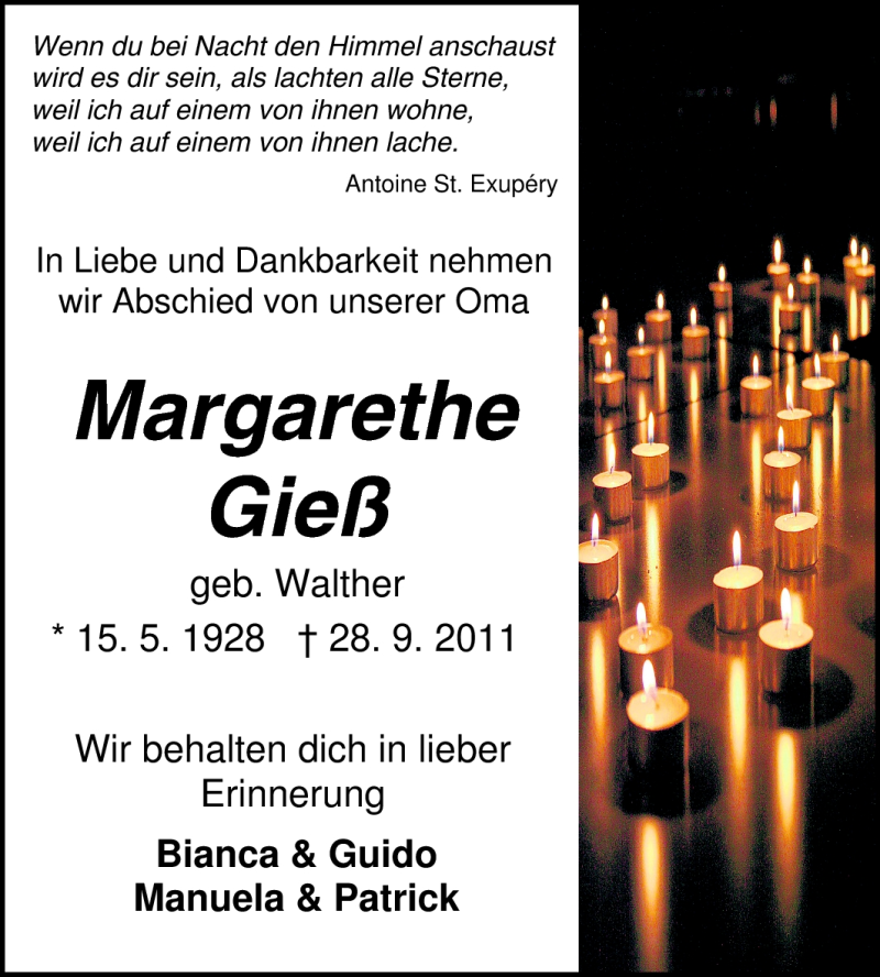  Traueranzeige für Margarethe Gieß vom 30.09.2011 aus Odenwälder Echo