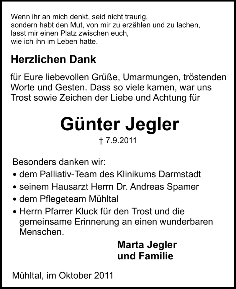  Traueranzeige für Günter Jegler vom 01.10.2011 aus Echo-Zeitungen (Gesamtausgabe)