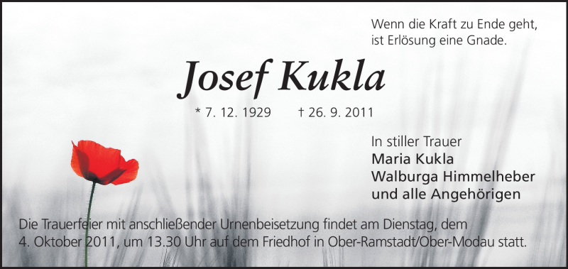  Traueranzeige für Josef Kukla vom 01.10.2011 aus Echo-Zeitungen (Gesamtausgabe)