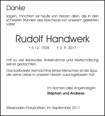 Traueranzeige von Rudolf Handwerk von Odenwälder Echo
