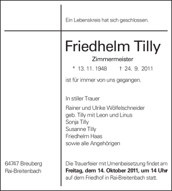 Traueranzeige von Friedhelm Tilly von Odenwälder Echo