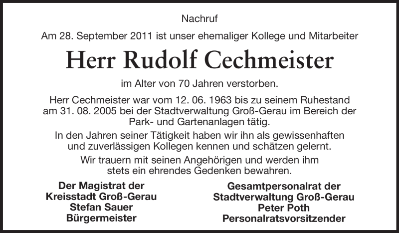  Traueranzeige für Rudolf Cechmeister vom 01.10.2011 aus Rüsselsheimer Echo, Groß-Gerauer-Echo, Ried Echo