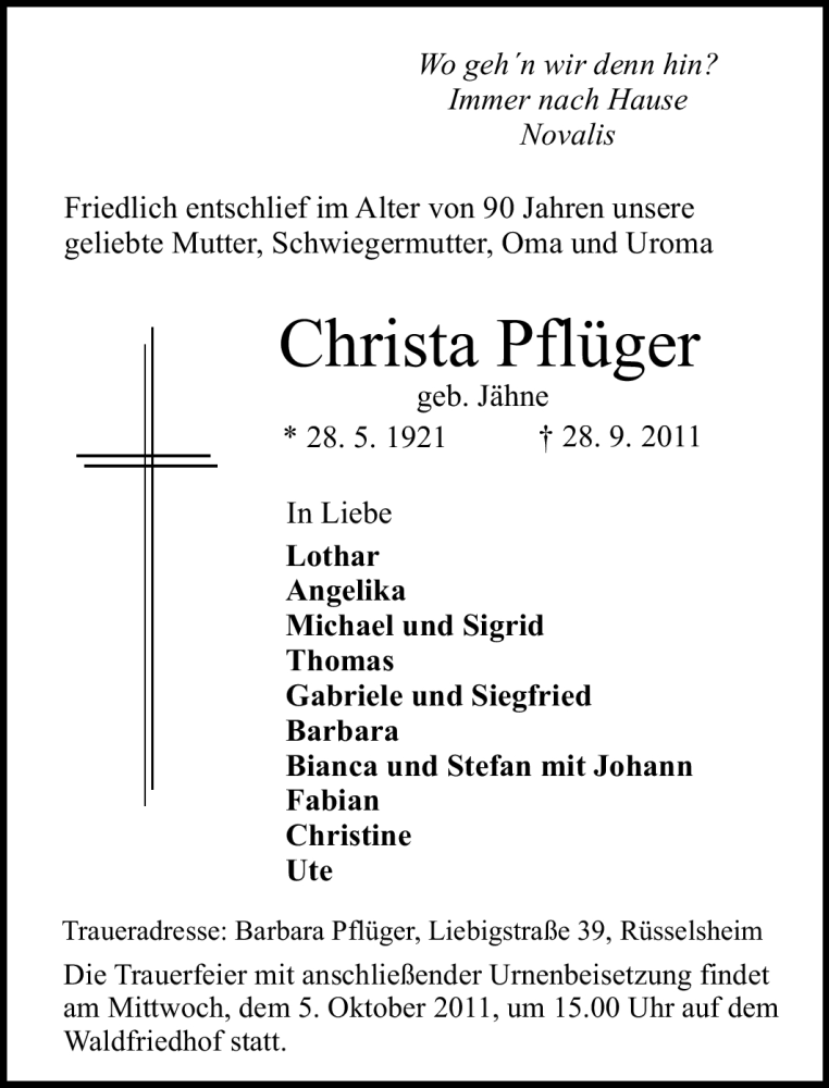  Traueranzeige für Christa Pflüger vom 01.10.2011 aus Rüsselsheimer Echo, Groß-Gerauer-Echo, Ried Echo