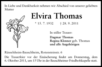 Traueranzeige von Elvira Thomas  von Rüsselsheimer Echo, Groß-Gerauer-Echo, Ried Echo